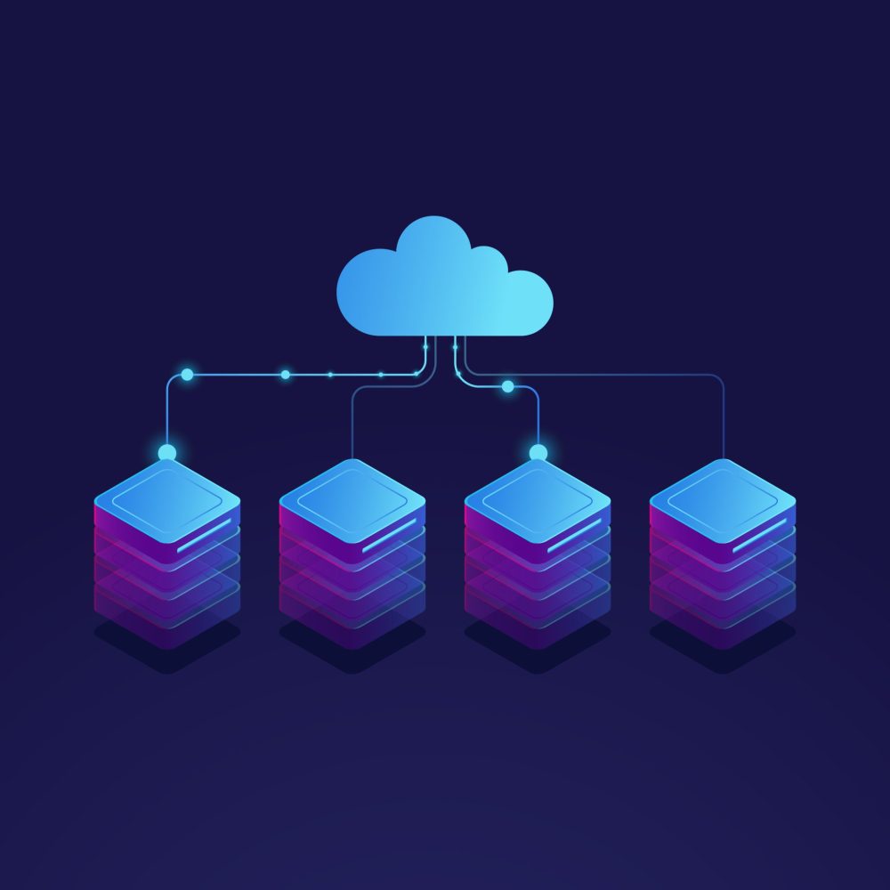 Server room, cloud storage icon, datacenter and database concept, data exchange process isometric Server room, cloud storage icon, datacenter and database concept, data exchange process isometric dark vector