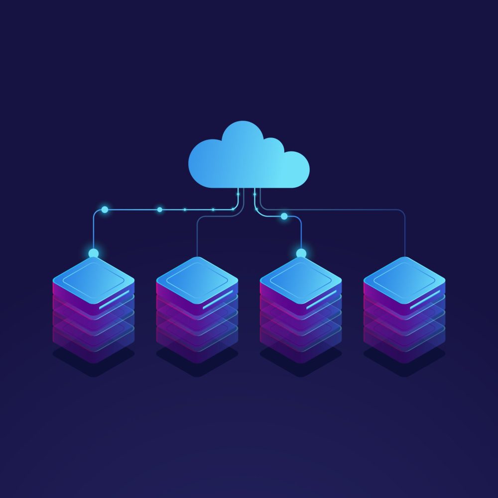 Server room, cloud storage icon, datacenter and database concept, data exchange process isometric dark vector