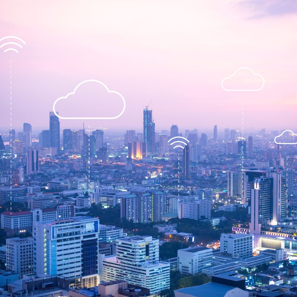 View of Bangkok City at sunset Cloud computing banner background for smart city
