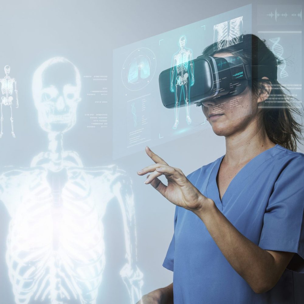 Doctors wearing VR simulation with hologram medical technology